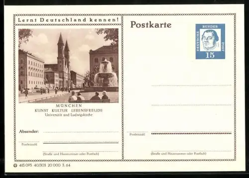 AK München, Universität und Ludwigskirche, Ganzsache Lernt Deutschland kennen