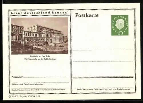 AK Mülheim an der Ruhr, Stadthalle an der Schlossbrücke, Ganzsache Lernt Deutschland kennen