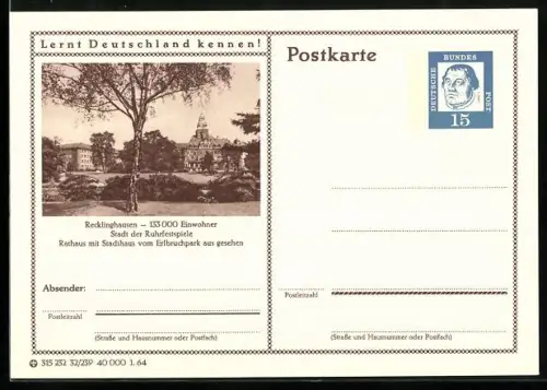 AK Recklinghausen, Rathaus mit Stadthaus vom Erlbruchpark gesehen, Ganzsache Lernt Deutschland kennen