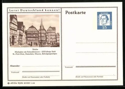 AK Fritzlar, Marktplatz mit Rolandbrunnen, Ganzsache Lernt Deutschland kennen