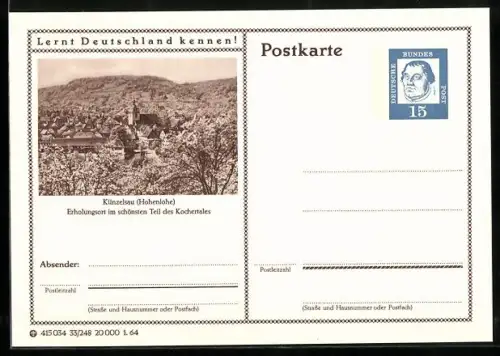 AK Künzelsau /Hohenlohe, Blick zur Kirche, Ganzsache Lernt Deutschland kennen