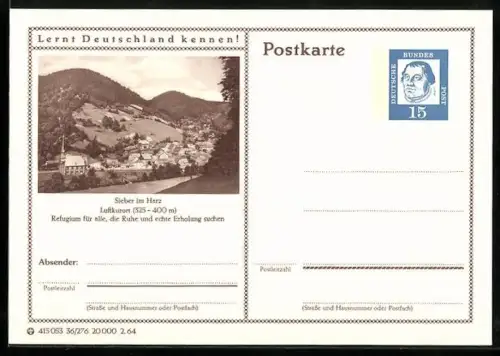 AK Sieber /Harz, Teilansicht aus der Vogelschau, Ganzsache Lernt Deutschland kennen