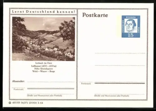 AK Lerbach /Harz, Blick über den Ort, Ganzsache Lernt Deutschland kennen