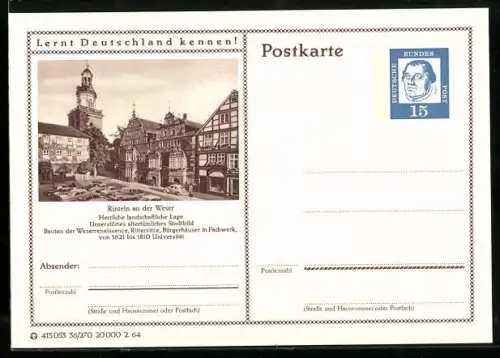 AK Rinteln /Weser, Marktplatz, Ganzsache Lernt Deutschland kennen