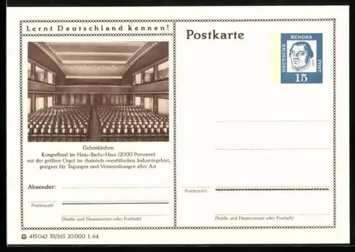 AK Gelsenkirchen, Kongresssaal im Hans Sachs Haus, Ganzsache Lernt Deutschland kennen