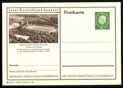 AK Gladbeck /Westf., Stadion und Freibad, Ganzsache Lernt Deutschland kennen