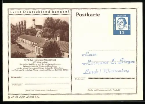 AK Bad Heilbrunn, Kureinrichtungen im Jodbad, Ganzsache Lernt Deutschland kennen