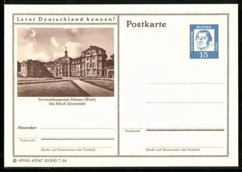 AK Münster /Westf., Das Schloss, Ganzsache Lernt Deutschland kennen