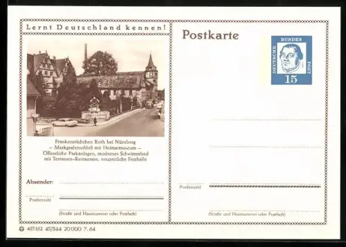 AK Roth bei Nürnberg, Markgrafenschloss mit Heimatmuseum, Ganzsache Lernt Deutschland kennen