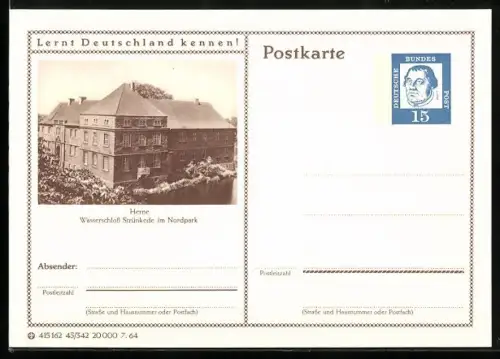 AK Herne, Wasserschloss Strünkede im Nordpark, Ganzsache Lernt Deutschland kennen