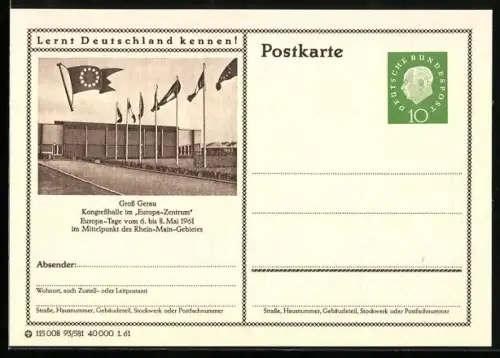 AK Gross Gerau, Kongresshalle im Europa-Zentrum, Ganzsache Lernt Deutschland kennen
