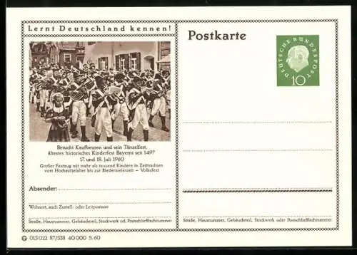 AK Kaufbeuren, Tänzelfest 1960, Ganzsache Lernt Deutschland kennen