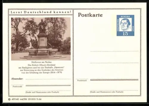 AK Heilbronn, Robert-Mayer-Denkmal, Ganzsache Lernt Deutschland kennen