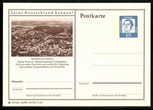AK Scharzfeld am Südharz, Ortsansicht aus der Vogelschau, Ganzsache Lernt Deutschland kennen