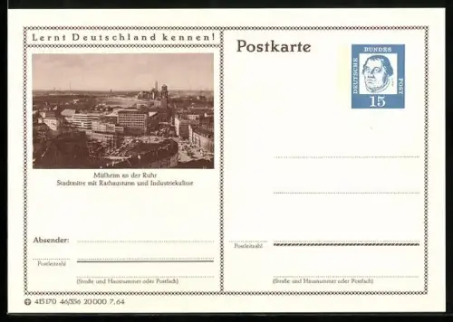 AK Mülheim an der Ruhr, Stadtmitte mit Rathausturm, Ganzsache Lernt Deutschland kennen