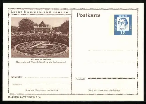 AK Mülheim an der Ruhr, Blumenuhr und Wasserbahnhof, Ganzsache Lernt Deutschland kennen