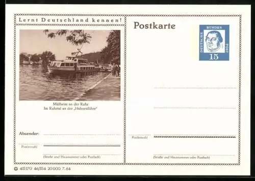 AK Mülheim an der Ruhr, Hahnenfähre, Ganzsache Lernt Deutschland kennen
