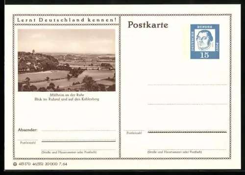 AK Mülheim an der Ruhr, Blick ins Ruhrtal, Ganzsache Lernt Deutschland kennen