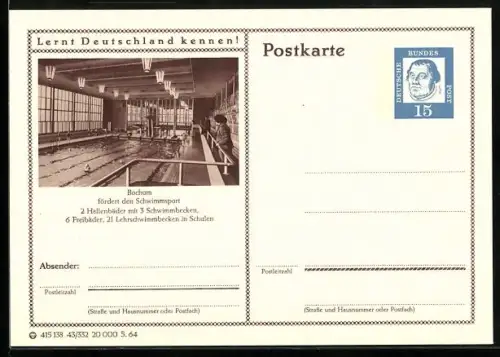 AK Bochum, Innenansicht eines Schwimmbads, Ganzsache Lernt Deutschland kennen