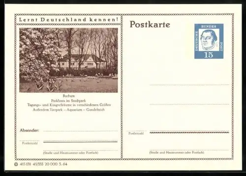 AK Bochum, Parkhaus im Stadtpark, Ganzsache Lernt Deutschland kennen