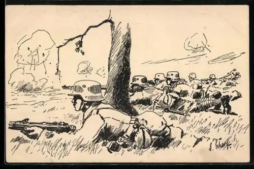 AK Deutsche Infanterie mit Stahlhelmen und Gewehren in Schützenlinie