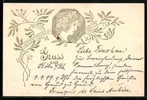 AK Porträt einer Frau im Profil umrankt von Blättern, Jugendstil