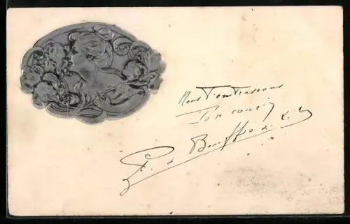 Präge-AK Porträt einer Frau mit Blumen im Jugendstil