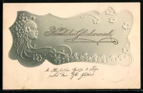 Präge-AK Porträt einer Frau mit Blumen im Haar und Klee, Jugendstil