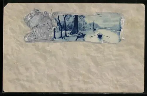 Präge-AK Idyllische Flusspartie in einem Rahmen mit Damenporträt im Jugendstil