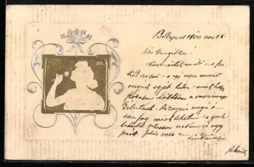 Präge-AK Porträt einer Dame mit Blume im Jugendstil