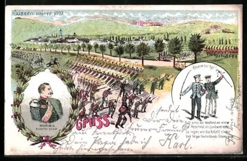 Lithographie Kaisermanöver 1897, Wilhelm II., Soldaten der Reserve