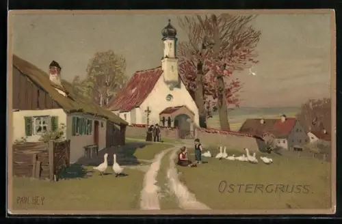 Künstler-Lithographie P. Hey: Mädchen hütet ihre Gänse auf der Wiese vor der Kirche
