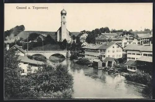 AK Gmund a. Tegernsee, Kirche, Brücke, Fluss