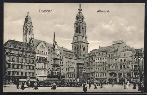 AK Dresden, Altmarkt, Denkmal, Seidenhaus Carl Schneider, Renner Confectionshaus