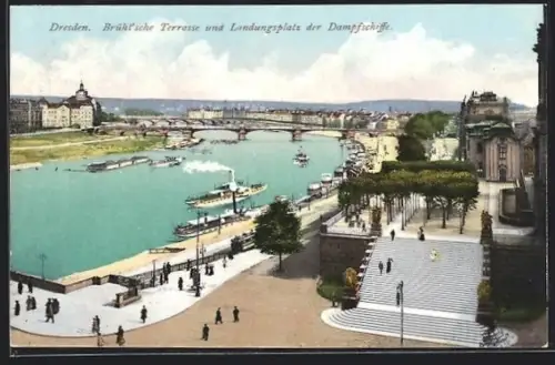 AK Dresden, Brühlsche Terrasse, Landungsplatz der Dampfschiffe