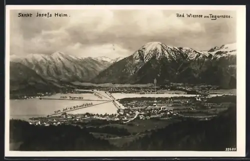 AK Bad Wiessee am Tegernsee, Totalansicht mit eingezeichneten Wegweisern aus der Vogelschau, Sankt Josefsheim