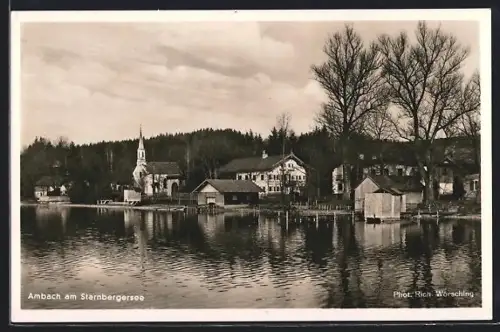 AK Ambach am Starnbergersee, Ortspartie mit Kirche vom See aus gesehen