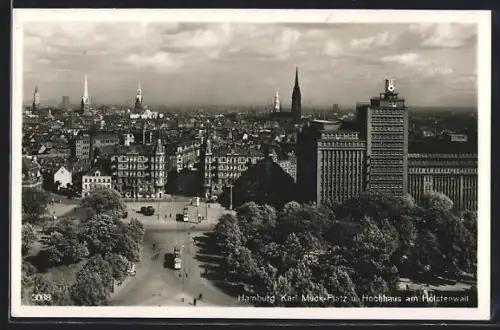 AK Hamburg-Neustadt, Karl-Muck-Platz u. Hochhaus am Holstenwall, Strassenbahnen