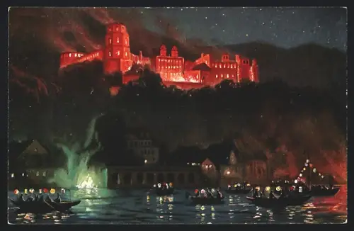 AK Heidelberg, Schlossbeleuchtung und Lampion-Bootsfahrt