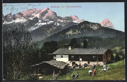 AK Partenkirchen, Familien am Gasthaus Eckbauer