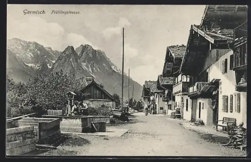 AK Garmisch, Frühlingstr. mit Brunnen
