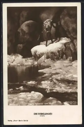 AK Hagen beim Versenken des Horts im Wasser, Die Nibelungen