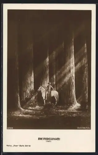 AK Die Nibelungen I. Teil, Siegfried zu Pferd in einem Wald