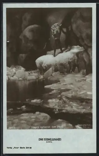 AK Hagen beim Versenken des Horts im Wasser, Die Nibelungen