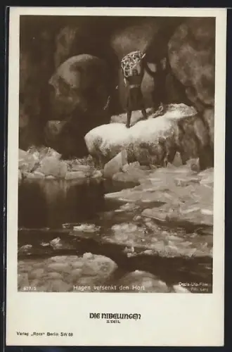 AK Hagen beim Versenken des Horts im Wasser, Die Nibelungen