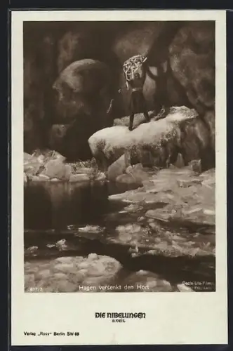 AK Hagen beim Versenken des Horts im Wasser, Die Nibelungen
