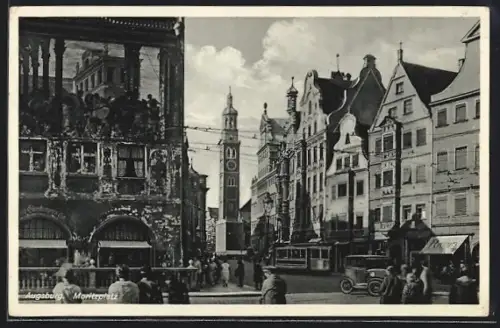 AK Augsburg, Moritzplatz mit Geschäft und Strassenbahn