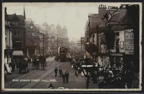 AK Hull, King Edward Street, Strassenbahn