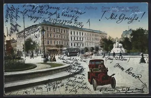 AK Pressburg, Savoy und Carlton Hotel, Strassenbahn