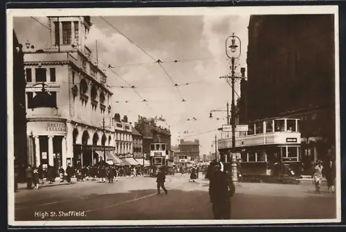 AK Sheffield, High Street, Strassenbahn